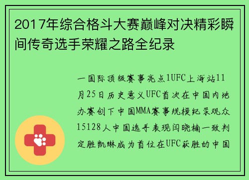 2017年综合格斗大赛巅峰对决精彩瞬间传奇选手荣耀之路全纪录